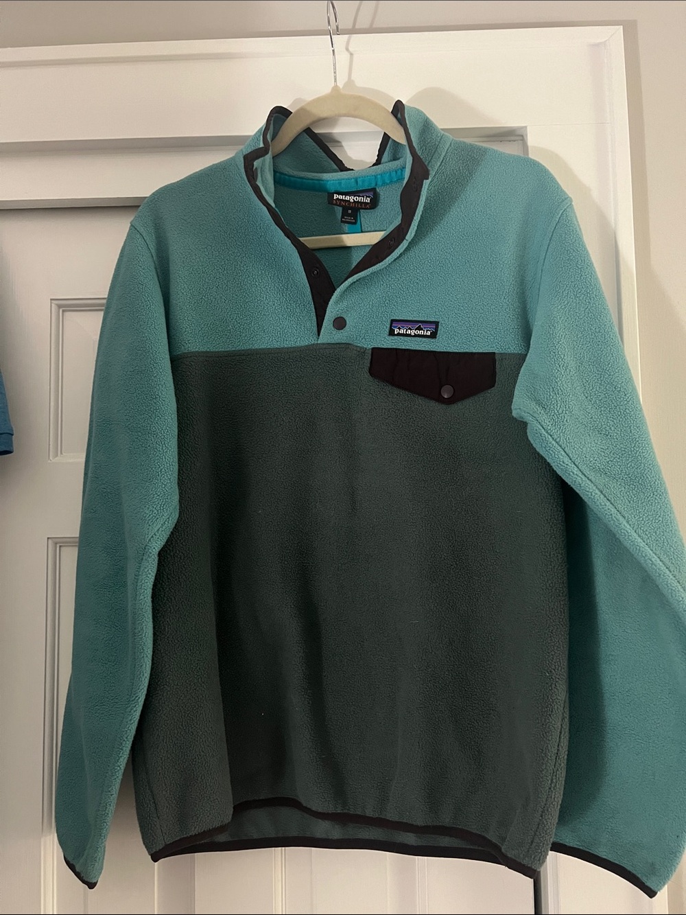 Patagonia Men’s Teal and Dark Green Fleece Snap Pullover